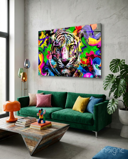 Eye of the Tiger Glass Wall Art - Lifestyle preview in a designer interior