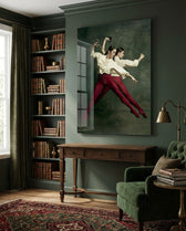 Fencing glass wall art displayed above a walnut console in a moss-walled study with green velvet armchair and brass desk lamp