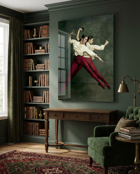 Fencing glass wall art displayed above a walnut console in a moss-walled study with green velvet armchair and brass desk lamp