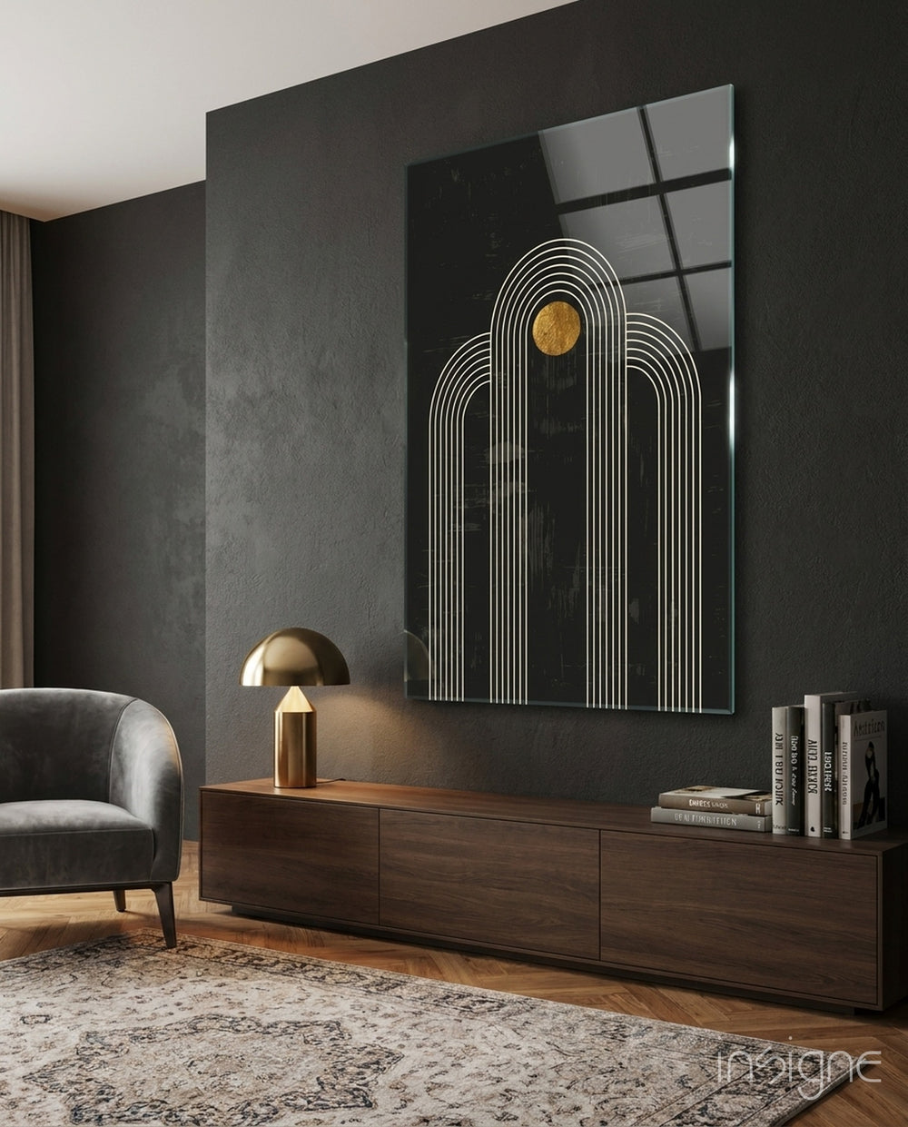 The Dot and Lines Glass Wall Art - Lifestyle preview in a designer interior