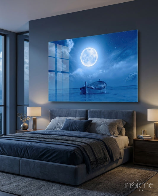 Moon and Boat Glass Wall Art - Lifestyle preview in a designer interior