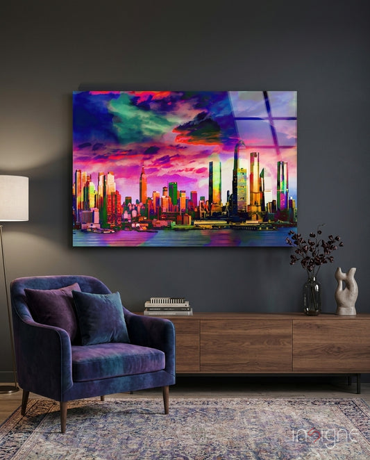 Colorful Silhouette of the City Glass Wall Art - Lifestyle preview in a designer interior