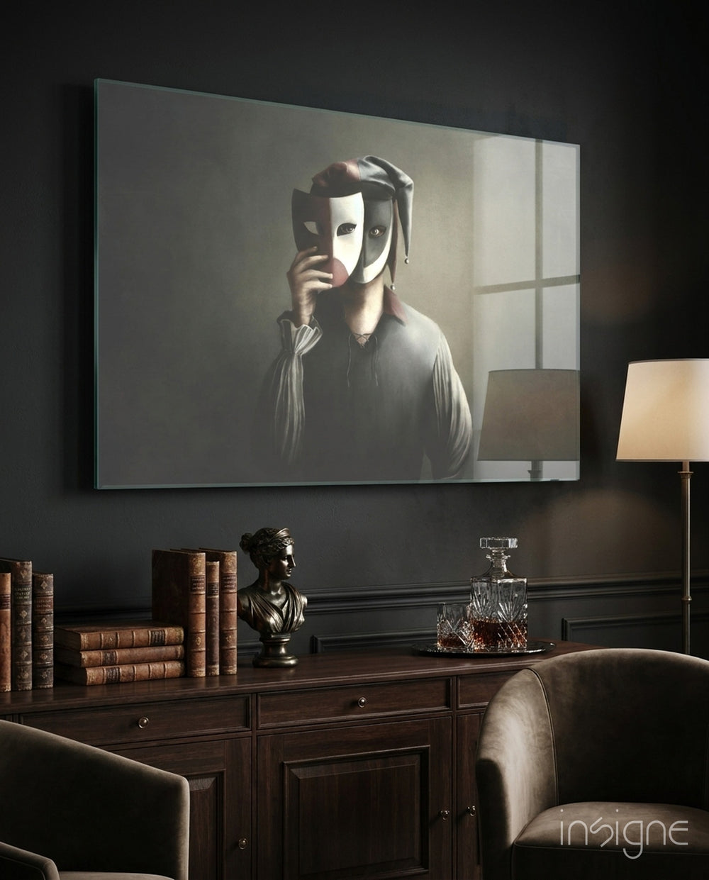 Masks Glass Wall Art - Lifestyle preview in a designer interior