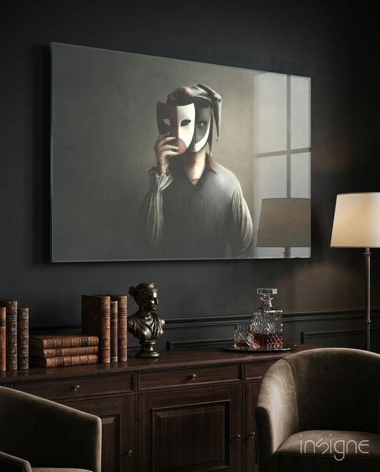 Masks Glass Wall Art - Lifestyle preview in a designer interior