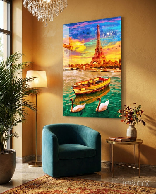 Eiffel and Boat Glass Wall Art - Lifestyle preview in a designer interior