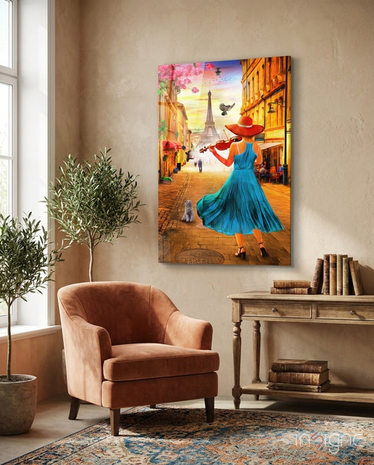 Eiffel and Music Glass Wall Art - Lifestyle preview in a designer interior