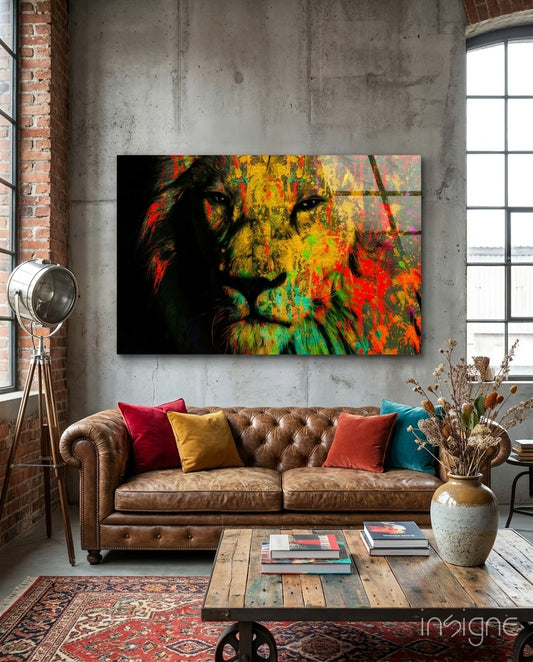 Eye of the Lion Glass Wall Art - Lifestyle preview in a designer interior