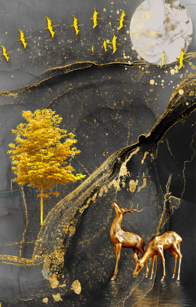 Golden Tree and Gazelles Glass Wall Art