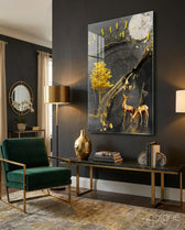 Golden Tree and Gazelles Glass Wall Art - Lifestyle preview in a designer interior