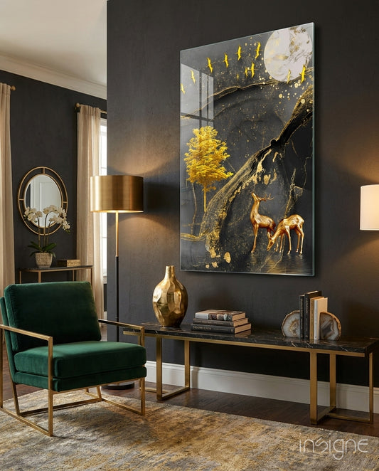 Golden Tree and Gazelles Glass Wall Art - Lifestyle preview in a designer interior