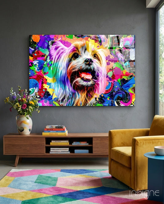 Happy Puppy Glass Wall Art - Lifestyle preview in a designer interior