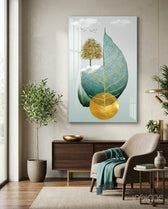 Tree on a Leaf Glass Wall Art - Lifestyle preview in a designer interior