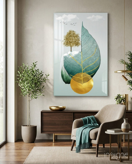 Tree on a Leaf Glass Wall Art - Lifestyle preview in a designer interior