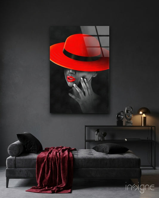 Scarlet Hat Glass Wall Art - Lifestyle preview in a designer interior