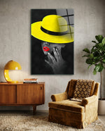 Yellow Hat Glass Wall Art - Lifestyle preview in a designer interior