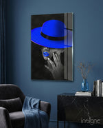 Blue Hat Glass Wall Art - Lifestyle preview in a designer interior