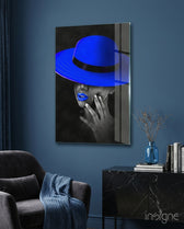 Blue Hat Glass Wall Art - Lifestyle preview in a designer interior