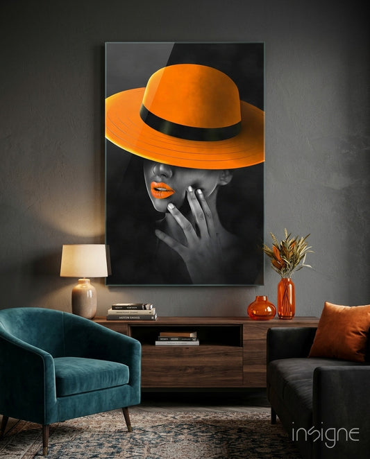 Orange Hat Glass Wall Art - Lifestyle preview in a designer interior