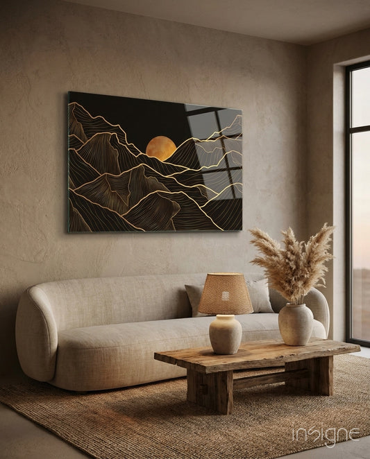 Moon and Mountains Glass Wall Art - Lifestyle preview in a designer interior