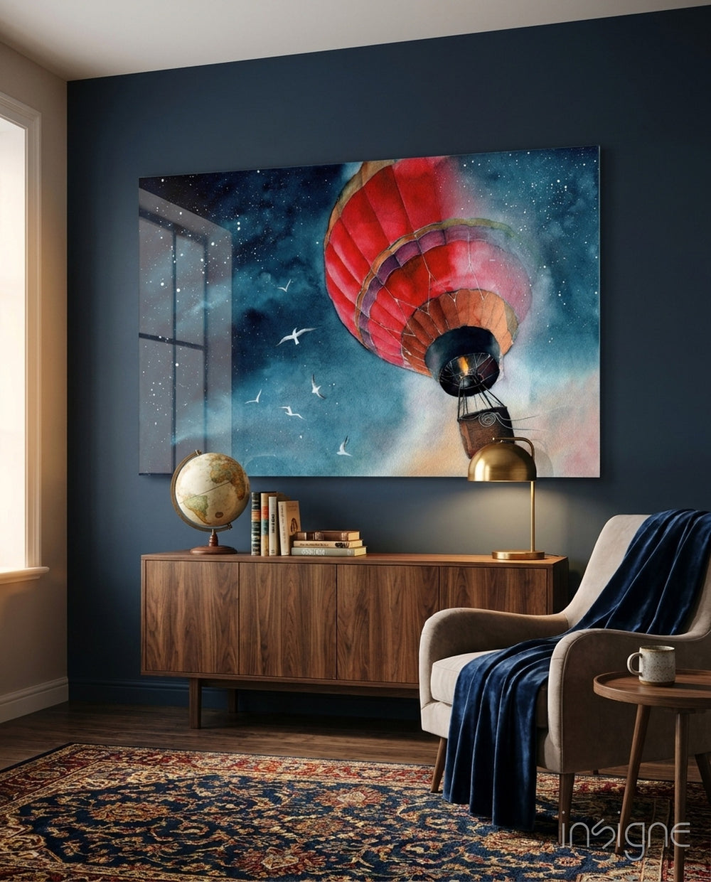 Baloon to the Moon Glass Wall Art - Lifestyle preview in a designer interior