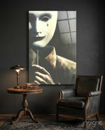 Mask the Sadness Glass Wall Art - Lifestyle preview in a designer interior