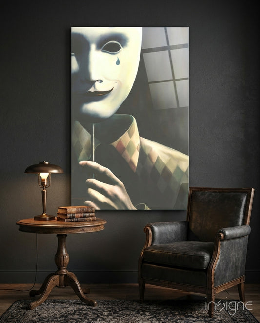 Mask the Sadness Glass Wall Art - Lifestyle preview in a designer interior