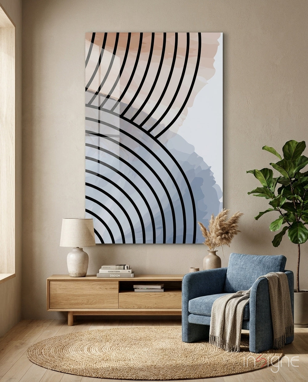 Lines of Waves Glass Wall Art - Lifestyle preview in a designer interior