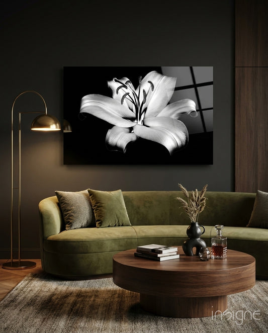 Lilies Glass Wall Art - Lifestyle preview in a designer interior