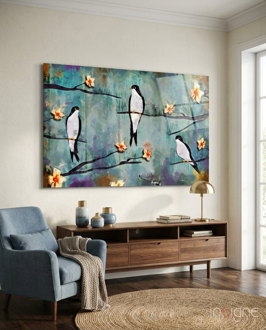 Birds of a Dream Glass Wall Art - Lifestyle preview in a designer interior