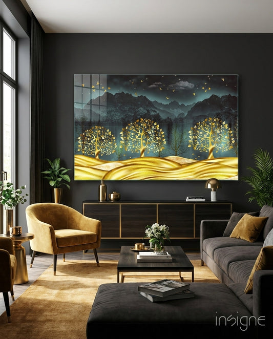 Golden Forest Glass Wall Art - Lifestyle preview in a designer interior