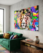 Lion in Colors Glass Wall Art - Lifestyle preview in a designer interior