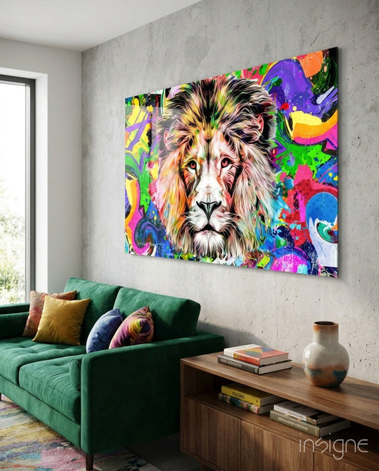 Lion in Colors Glass Wall Art - Lifestyle preview in a designer interior