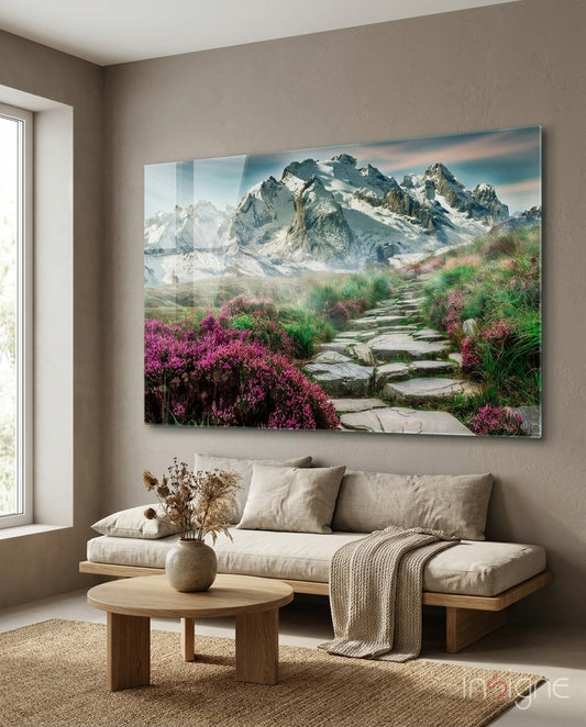 Footpath to Mountains Glass Wall Art - Lifestyle preview in a designer interior