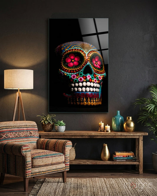 Sugar Skull Glass Wall Art - Lifestyle preview in a designer interior
