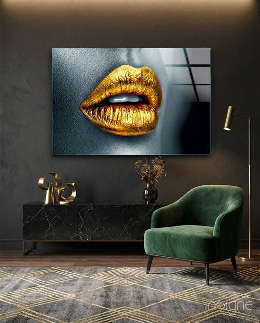 Golden Lips Glass Wall Art - Lifestyle preview in a designer interior
