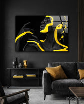 Yellow Woman Glass Wall Art - Lifestyle preview in a designer interior