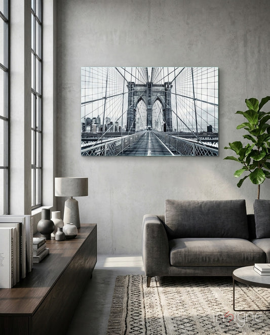 Brooklyn Bridge Glass Wall Art - Lifestyle preview in a designer interior