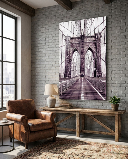 Brooklyn Bridge Glass Wall Art - Lifestyle preview in a designer interior