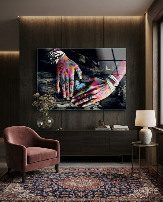 Hands of Nature Glass Wall Art - Lifestyle preview in a designer interior