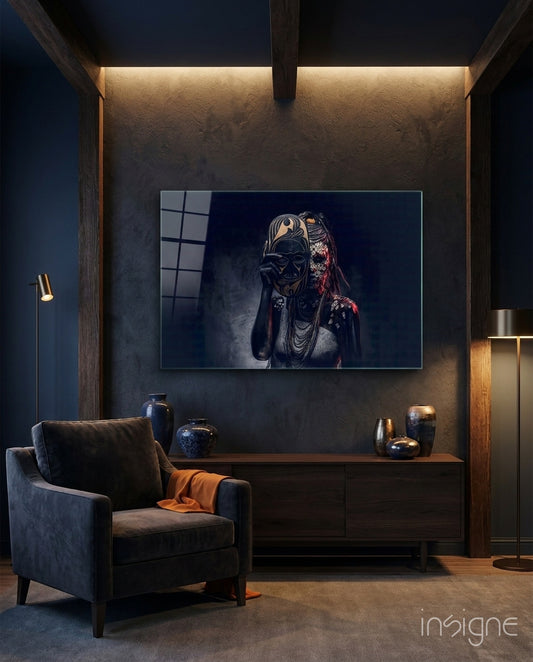 Behind the Mask Glass Wall Art - Lifestyle preview in a designer interior