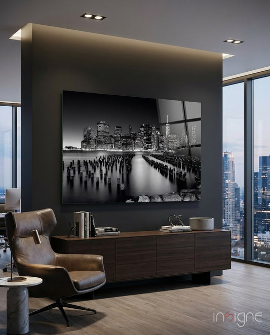 City Night Glass Wall Art - Lifestyle preview in a designer interior