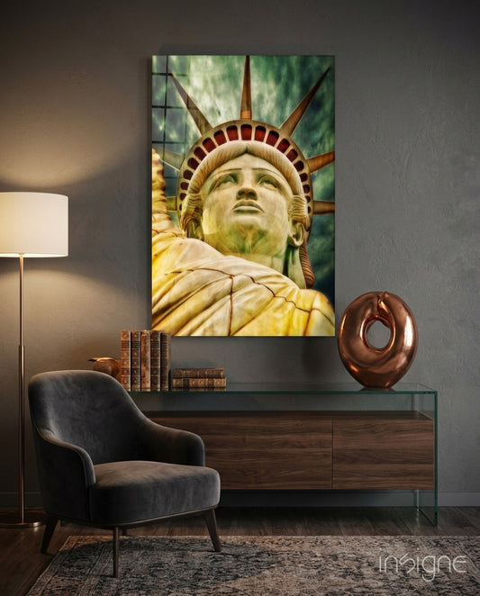 The Statue of Liberty Glass Wall Art - Lifestyle preview in a designer interior