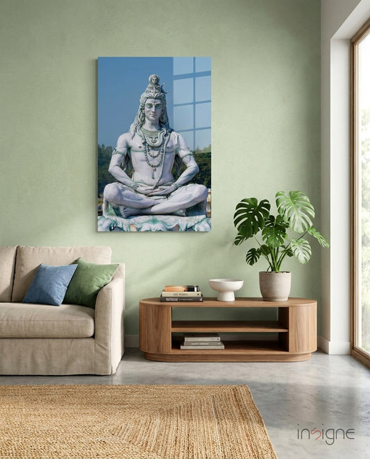 Shiva in Meditation Glass Wall Art - Lifestyle preview in a designer interior