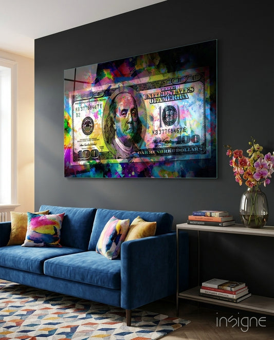 100 Dollars Glass Wall Art - Lifestyle preview in a designer interior