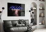 American Eagle glass wall art styled above a desk in an office
