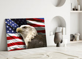 American Eagle close-up showing bald eagle in profile against billowing American flag