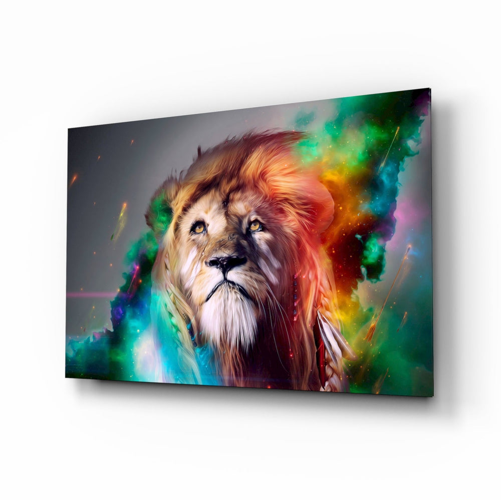 Lion glass wall art displayed above a velvet sofa in a moody lounge with brass arc lamp and reclaimed-wood console