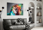 Lion glass wall art styled above a desk in a kids room