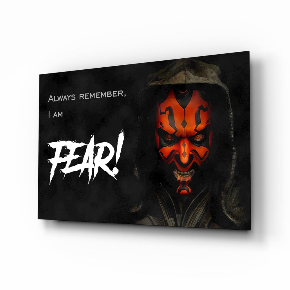 Darth Maul glass wall art displayed above a black leather sectional in a home theater with brass arc lamp and reclaimed-wood console