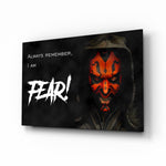 Darth Maul glass wall art displayed above a black leather sectional in a home theater with brass arc lamp and reclaimed-wood console